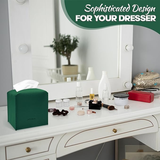 Tissue Box Cover Holder, PU Leather Tissue Box Cover Square with Bottom Belt, Cube Tissue Holder for Bathroom, Modern Organizer for Car, Office, Tabletop (Green., 14 Leather Patterns)