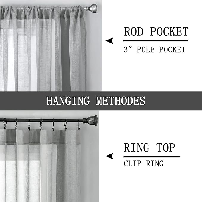 Tollpiz Sheer Curtains Living Room Linen Textured Curtain Sheers Light Filtering Voile Rod Pocket Curtains for Bedroom, 38 x 63 inches Long, Silver Grey, Set of 2 Panels