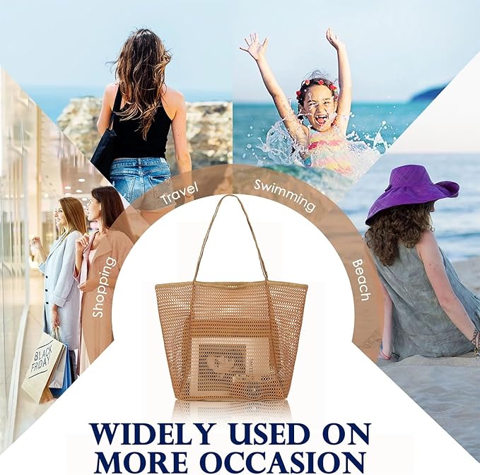 Fammart Mesh Beach Bag, Large Beach Tote with Zipper Pocket for Family Pool Bag for Toys & Vacation Essentials