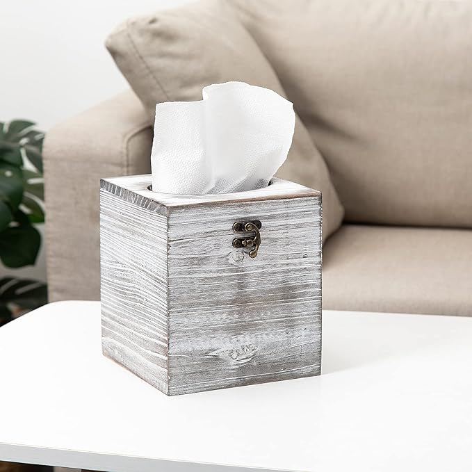 Distressed Farmhouse Square Solid Wood Tissue Box Cover with Slide-Out Bottom Panel Honey Brown Tissue Box Holder for Bathroom Living Room Dining Room Bedroom Toilet (Grey White)