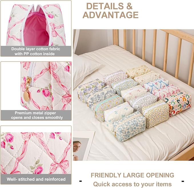 Gleyemor 2 Pieces Quilted Makeup Bag, Cute Floral Cosmetic Bag for Women, Cotton Make Up Bag Set, Flower Travel Toiletry Bag Tote Pouch Organizer (Pink Floral+ Pink Rose)