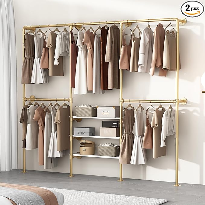 KAILNKISS Industrial Pipe Clothing Rack, Gold Clothing Rack with Shelves, Wall Mounted Clothes Rack Heavy Duty Closet Organizers Wardrobe Multi-Purpose Storage Clothes Hanging Shelf- 94.5''L Gold