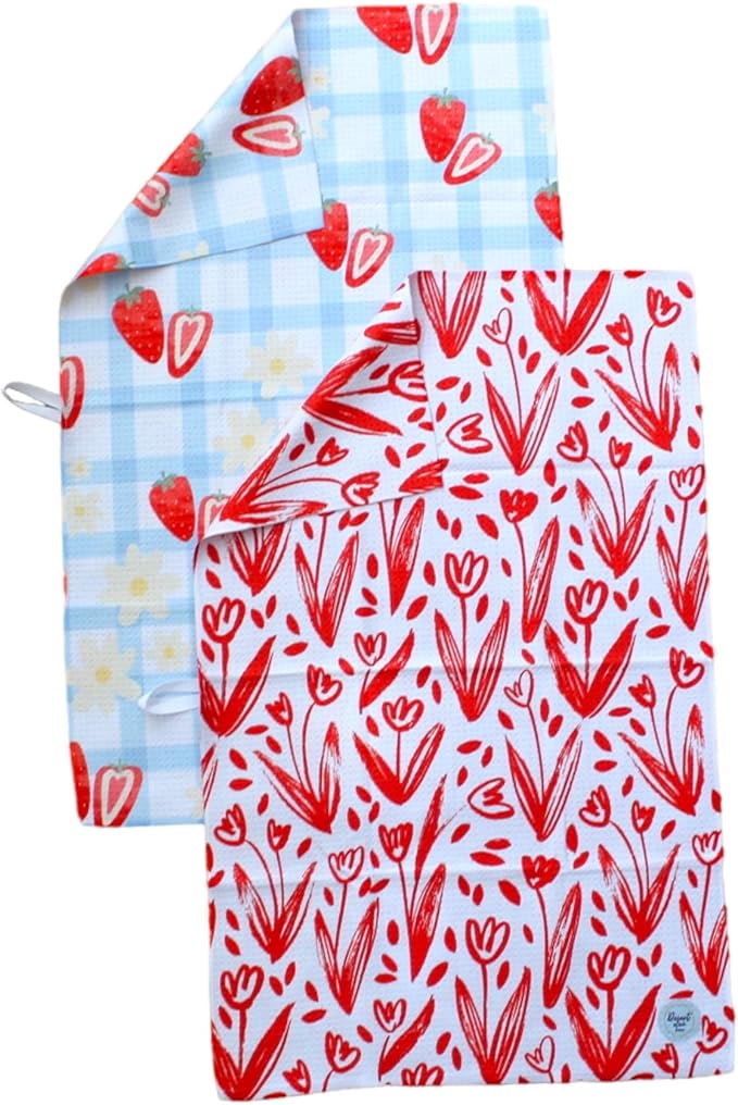 Desert Aqua 2 Pack Double Sided || Not Your Ordinary Kitchen Towels || Dish Towels || Quick Dry || Waffle Weave Microfiber || Highly Absorbent || Hanging Hook (Strawberry)
