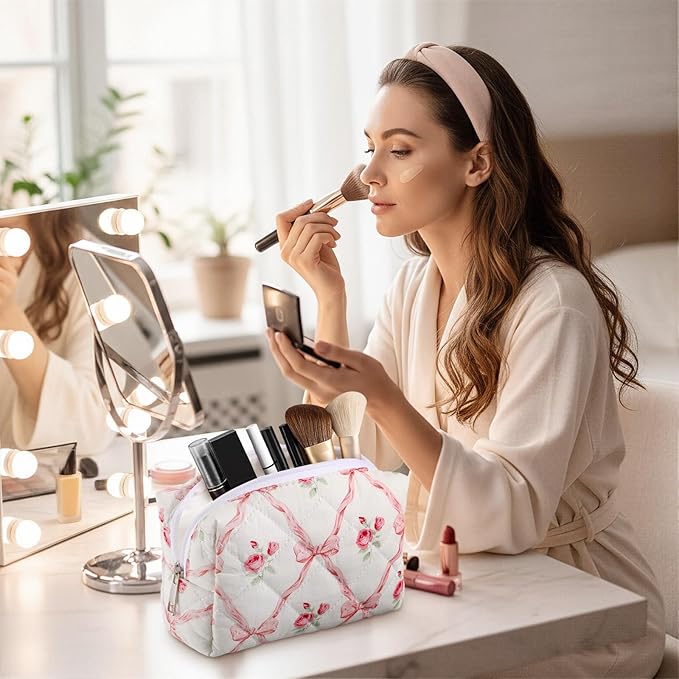 Paterr 6 Pcs Quilted Makeup Bag Bulk for Women Girls Birthday Valentine's Day Bridesmaid Gifts Cute Cotton Cosmetic Pouch Bow Floral Coquette Aesthetic Travel Toiletry Bag(Bowknot Rose,Pink)