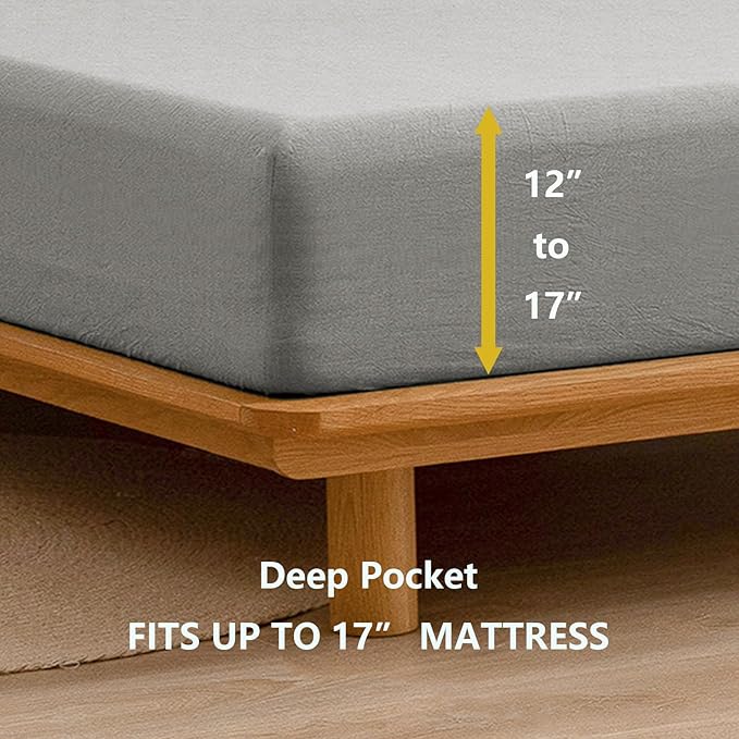 BESTOUCH Sheet Set 100% Washed Cotton Linen Feel Super Soft Comfortable Chic Lightweight 4 Pcs Home Bedding Set Solid Light Grey Queen
