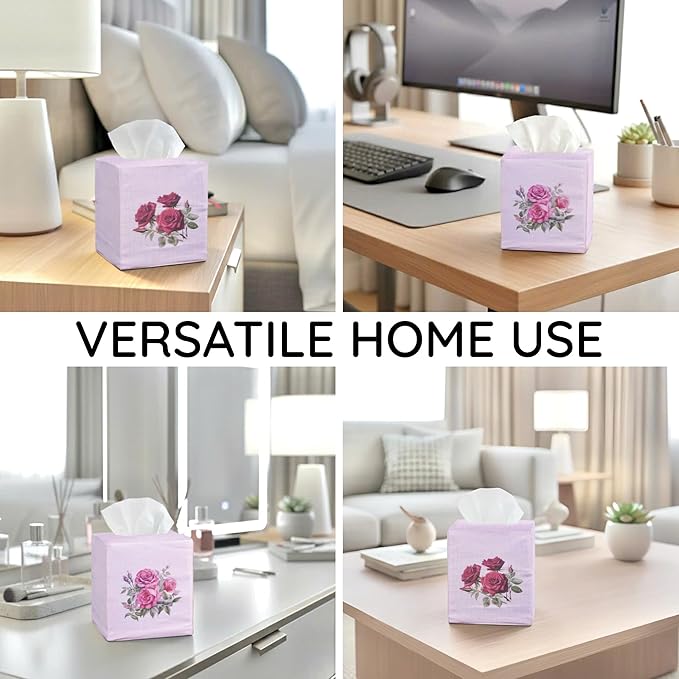 EmbroideryLinen.VN Tissue Box Cover Set of 2, Square Linen Tissue Holder, Printed Floral Design, 4.5x4.5x5.5 Inches, Decorative Holder for Bathroom, Living Room, Office (Rose)