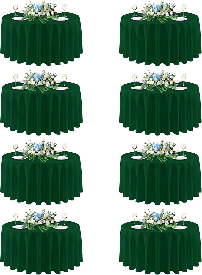 sancua Round Tablecloth 108 Inch Diameter, 8 Pack Hunter Green, Circle Polyester Fabric Table Cloth for Chiristmas Party Reception Banquet Birthday, Washable Formal Table Cover(Fit 42-96 Inch Tables)
