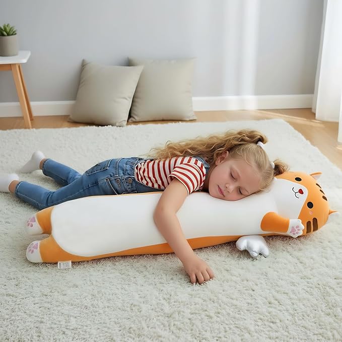 Long Cat Plush Pillow, Cute Cat Stuffed Animal Body Pillow with Wings, Soft Kawaii Kitty Hugging Pillow, Christmas Valentine's Birthday Gift for Kids Girls Boys (Yellow, 110cm/43.31in)