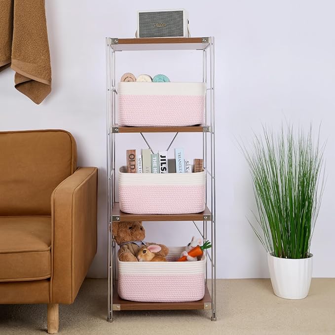 MiniArk Large Storage Baskets for Organizing, Closet Shelf Baskets for Clothes Blanket Towels, Baby Nursery, Toy Bins Box, Woven Rope Baskets, 17 x 13 x 7.5”, 4 Packs Woven Pink