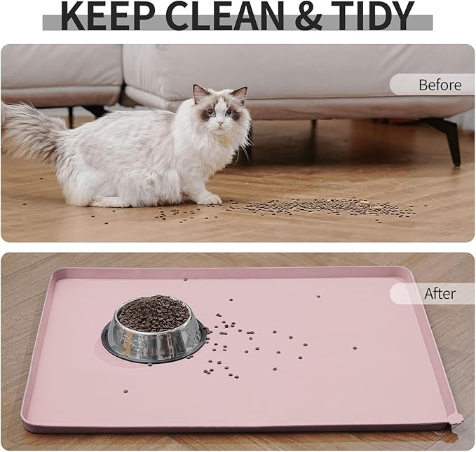 Reopet Waterproof Pet Feeding Mat with High Raised Edges, Heavier and Thicker Placemats for Cat Dog Water Bowl with BPA Free, Dogs Cats Food Mats for Messy Drinkers to Prevent Spill and Protect Floors