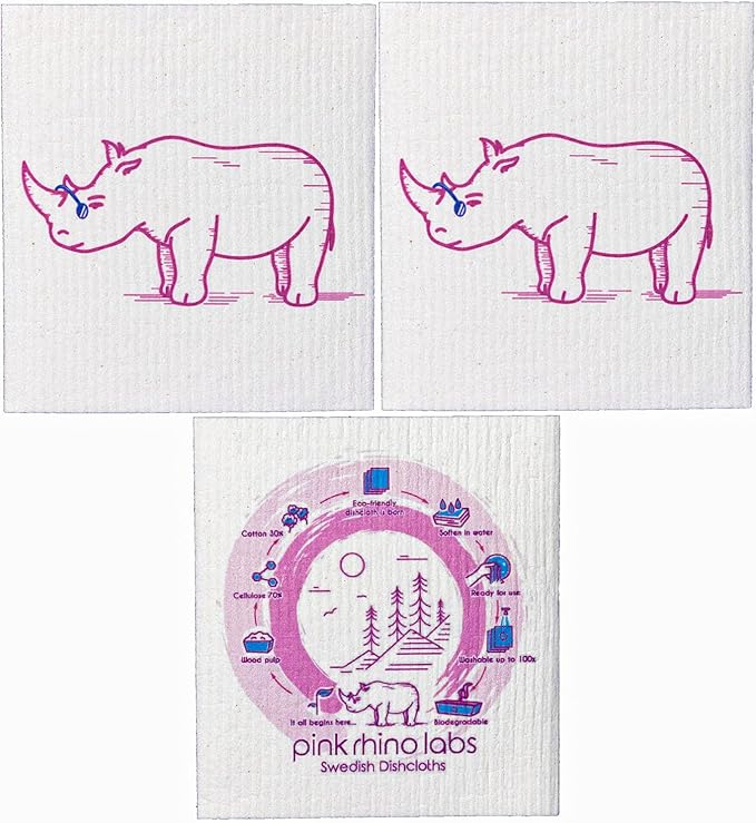 PINK RHINO LABS Swedish Dishcloths – Eco-Friendly Reusable Kitchen Towels – 3 Pack Cleaning Cloths for Dishes, Counters & Surfaces – Super Absorbent, Compostable, Zero-Waste Alternative