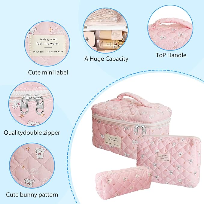 Cozomga Quilted Makeup Bag, Large Capacity Travel Cosmetic Bag for Women and Girls, Aesthetic Storage for Daily and Travel Use (3pcs-RabbitAnimalPrint)