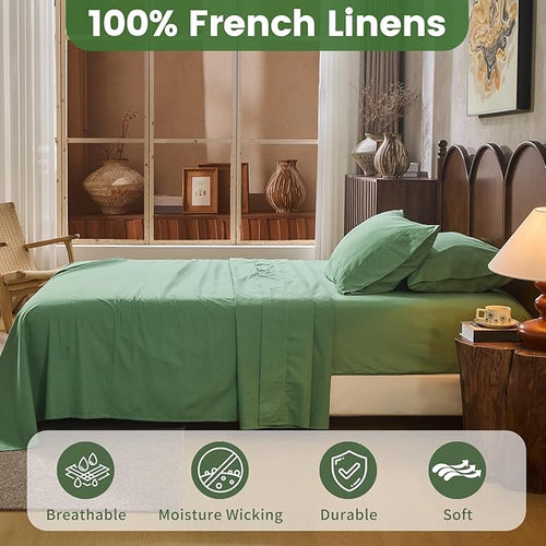100% Linen Sheets Queen Size,Breathable & Durable 4-Piece Bed Flax Sheet Set,Soft All-Season Bedding for Hot Sleepers 16" Deep Pocket Oeko-TEX Certified,（Queen, Sage Green）