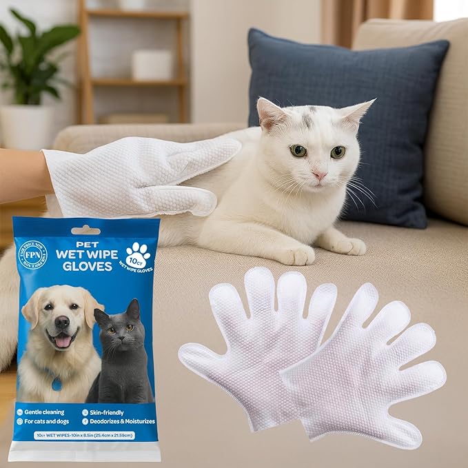 FPN Pet Cleaning Gloves for Dogs & Cats – 10 Count, Unscented No-Rinse Grooming Wipes in Extra-Thick Double-Sided Cleaning Mitts with Coconut Oil, Witch Hazel & Grapefruit – Paw, Fur & Face Cleaning