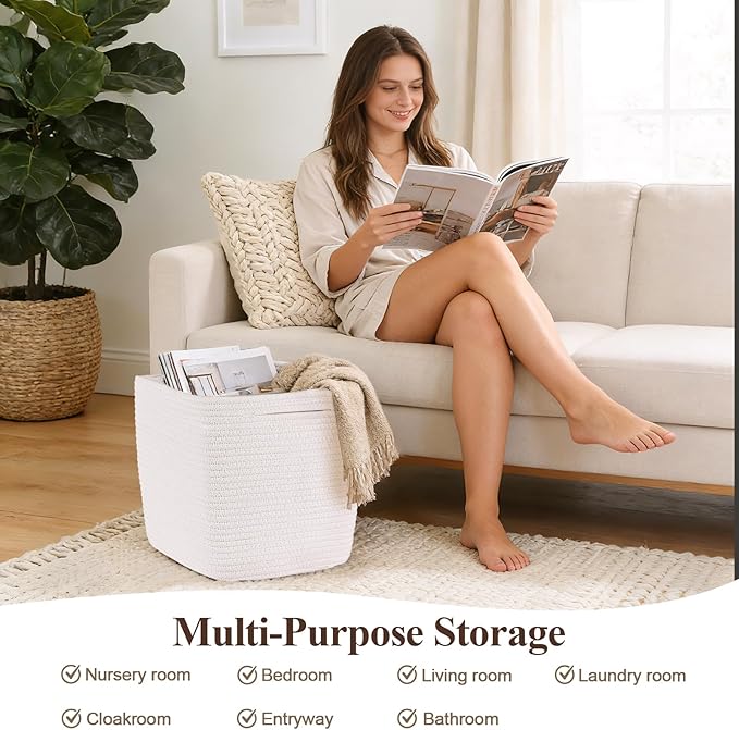 Storage Cubes 11 Inch Storage Baskets for Shelves, Set of 3 Cotton Rope Woven Baskets for Organizing, Cube Storage Square Bins for Toy, Playroom Decor, Classroom, Closet, White