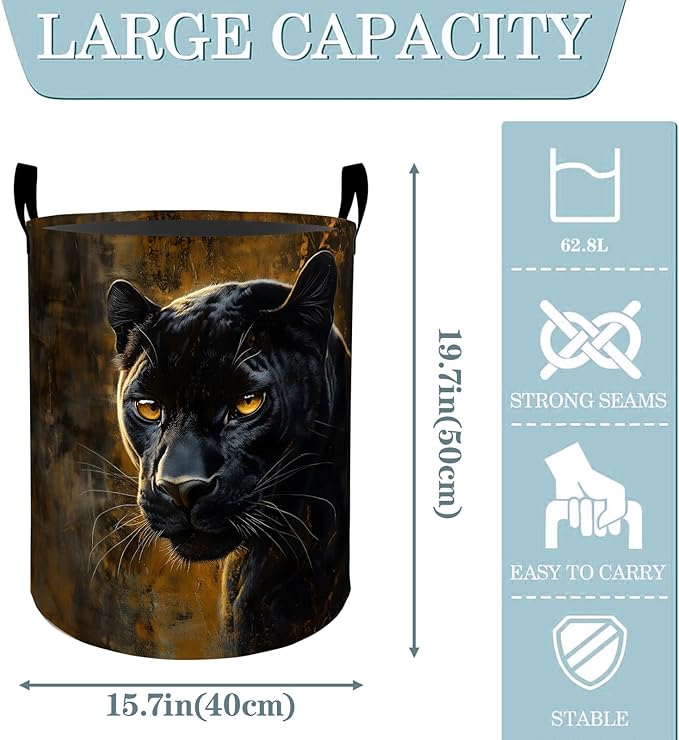 VODRM Black Panther Jungle Laundry Basket, Dirty Collapsible Clothes Toy Organizer Hamper for Kids Adults, Oxford Cloth Waterproof Storage Bin for Bedroom Bathroom Home Decor Gifts, 19.7"X15.7"