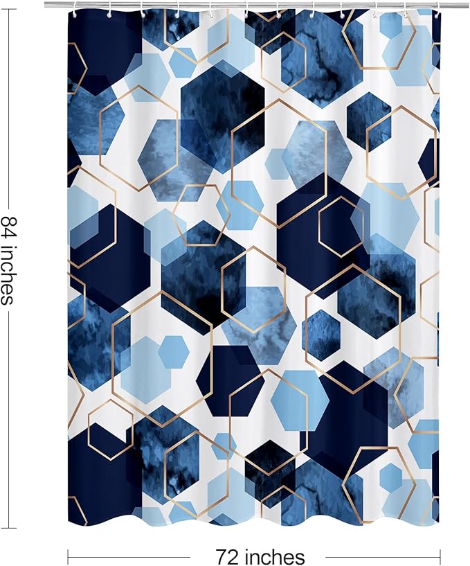 Litabel Modern Extra Long Shower Curtain for Bathroom, Blue Geometric Art Decor Waterproof Bath Curtain, Abstract Fabric Shower Curtain Sets for Home Decor, 72x84 Inch