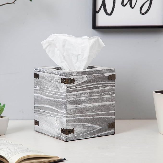 Distressed Farmhouse Square Solid Wood Tissue Box Cover with Slide-Out Bottom Panel Honey Brown Tissue Box Holder for Bathroom Living Room Dining Room Bedroom Toilet (White Grayish)