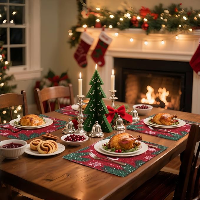MANSPHIL Red Christmas Placemats Set of 4 Snowflake Fabric Table Mats Farmhouse Table Decor Faux Linen Place Mats Heat Resistant Washable Wrinkle Free Dining Kitchen - 13x19 Oeko Tex Placemat