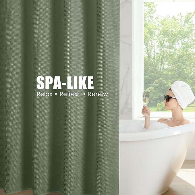 Zemyovia Waterproof No Hooks Waffle Shower Curtain, 260GSM Heavy Duty Fabric, with 10 Durable Split Grommets, Luxury Hotel Spa Style for Bathroom, Machine Washable, 74 x 72 Standard Size, Green