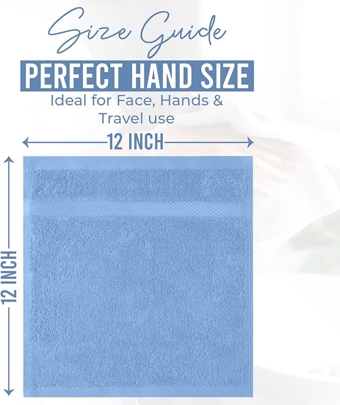 DAN RIVER 12-Pack Premium 100% Cotton Medium Blue Face Towels for Bathroom - Reusable Face Wash Cloths for Showering 12x12 Inches - 550 GSM Super Soft & Absorbent Luxury WashCloths for Body, Spa & Gym