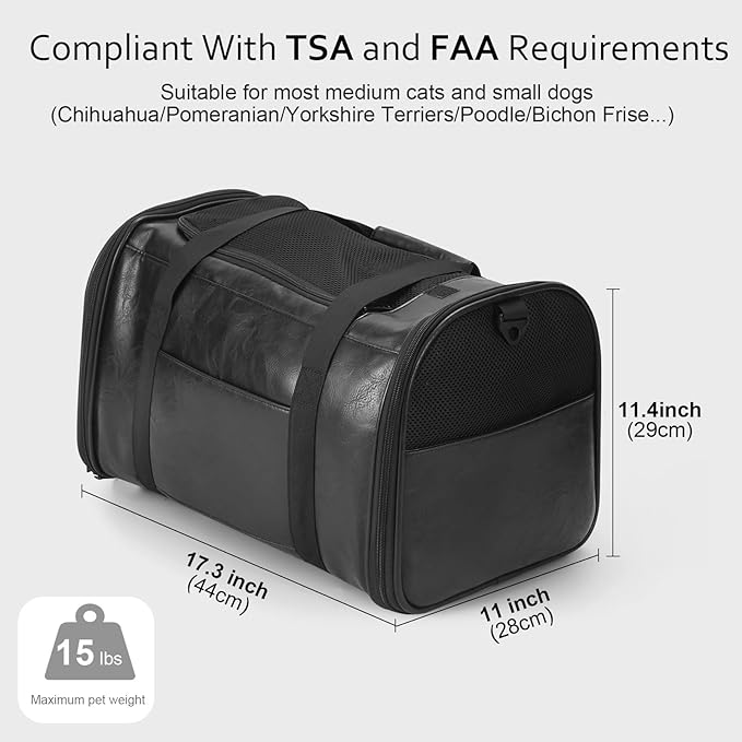 Lasaviin Fashion Leather Dog Carrier Cat Carrier Airline Approved Pet Carrier for Small Medium Dogs Cats Under 15Lbs, Collapsible Soft Sided Travel Puppy Carrier