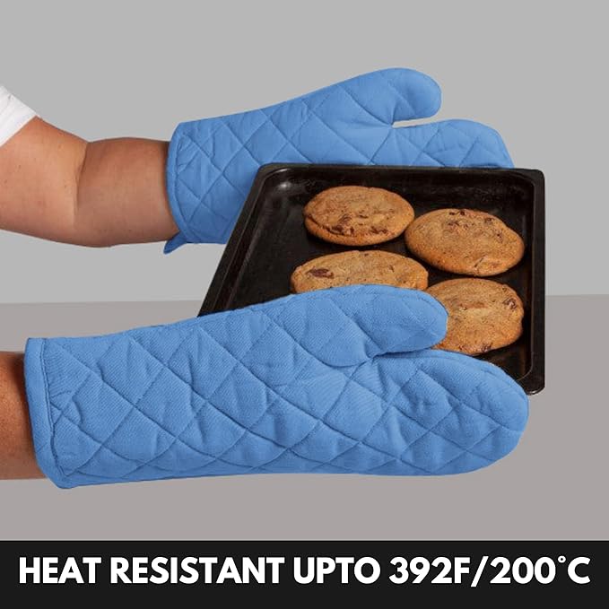 Oven Mitt + Pot Holder 100% Cotton Heat Resistant Kitchen Oven Gloves (7"x13") & Hot Pads (8"x8") for Gifts, Chef, Women & Men - Blue