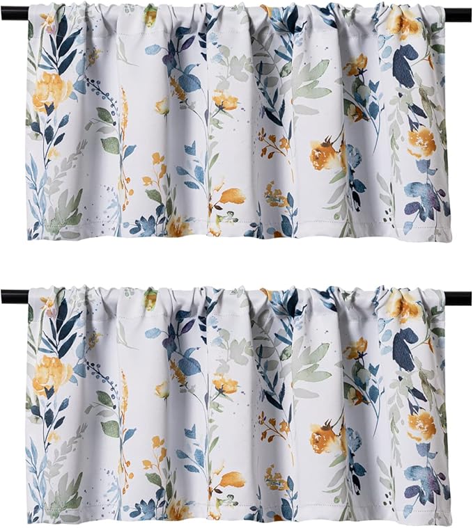 MYSKY HOME 2 Pack Blackout Window Valance, 18 Inches Long Kitchen Window Curtains Over Sink Rod Pocket Pattern Valance for Bathroom Bedroom Living Room, Yellow & Grey
