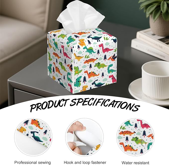 Funny Dinosaurs Tissue Box Cover Square,Cartoon Clouds Trees Tissue Box Holder with Belt Bottom,Stylish Leather Napkin Holder for Vanity Countertop,Nightstands,Office Desk,5.2"×5.2"×5.2"