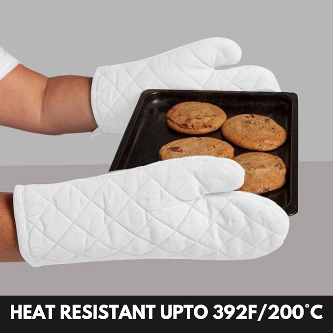 Oven Mitt (7"x13") & Pot Holder (8"x8") 100% Cotton Set of Heat Resistant Oven Gloves & Hot Pads for Gifts, BBQ, Cooking, Baking, Thanksgiving - White
