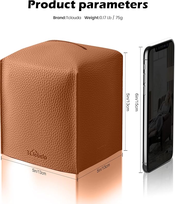 Tclouda Tissue Box Cover for PU Leather, Modern Simple Solid Color Holder Square Tissue Bag, Ideal for Bathrooms,Office,Car,Nightstand,Outdoor Tent,Dining Table,5"X5"X5", Double Camel