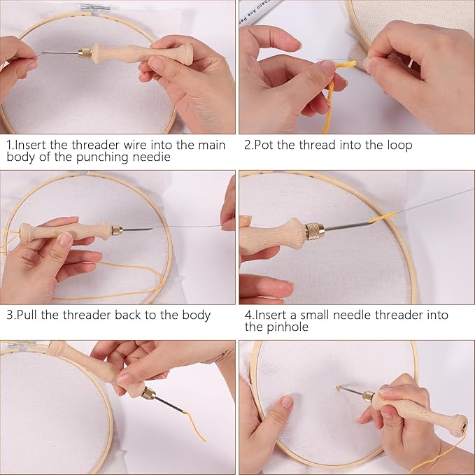 Pllieay 23 Pieces Punch Needle Kit, 2 Type Punch Needle Tool for Adults Beginner, Rug Tufting Kit, Adjustable Needle Punch Tool, Wooden & Plastic Handle Embroidery Pen for Embroidery Floss Cross Stit