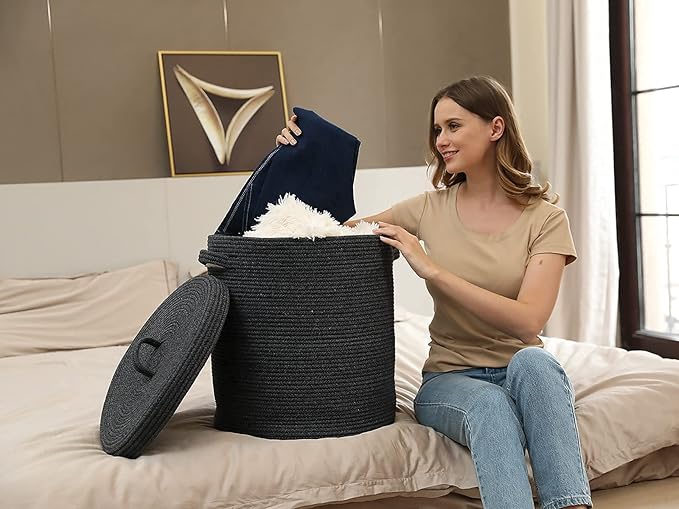 16" x 16" x 18" Extra Large Storage Basket with Lid, Cotton Rope Storage Baskets, Laundry Hamper, Cloth Bin, for Clothes Towels Blankets Pillows Storage in Living Room, All Black Grey Mix Basket