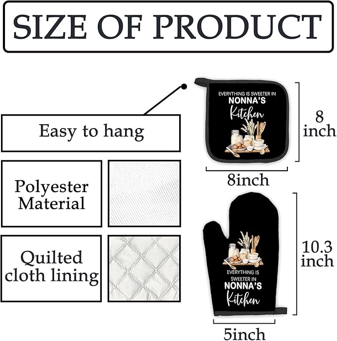 Nonna Gifts Oven Mitts and Pot Holders Sets, NonnaGifts from Grandkids Kitchen Accessories Sets, Sweeter in Nonna’s Kitchen Grandma Heat Resistant Oven Glove Potholders for Cooking Baking