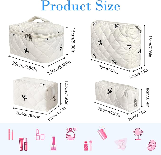 Cozomga Quilted Makeup Bag, Large Capacity Travel Cosmetic Bag for Women and Girls, Aesthetic Storage for Daily and Travel Use (4pcs-embroidered Bow)