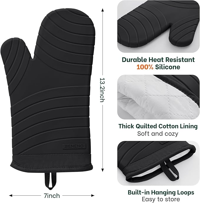 Beneno Heat Resistant Silicone Oven Mitts BPA-Free, Non-Slip Textured Grip & Quilted Cotton Lining, Waterproof Kitchen Mitt 2-Pack Set, 7"x13", Black