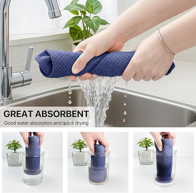 FreeNook 100% Cotton Waffle Weave Kitchen Towels, 6 Pack Dish Cloths for Washing Dishes, Ultra Soft Absorbent Dish Towels, Quick Drying Kitchen Rags, 12x12 Inches, Dark Blue