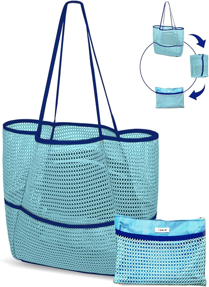 ToKismet Mesh Beach Tote Bag Packable,2026 New 2-in-1 Large Lightweight Foldable Beach Bags with Multiple Pockets for Women