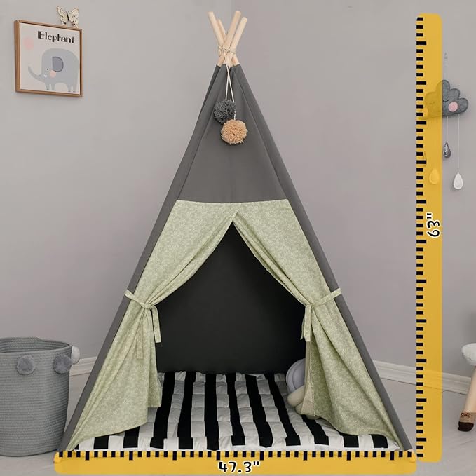 TreeBud Teepee Tent for Kids Stripe Padded Mat Foldable Dark Tone Grey Play Tents for Girl and Boy with Carry Case Wooden Pole Printing Canvas Tepee Playhouse for Child Indoor Outdoor