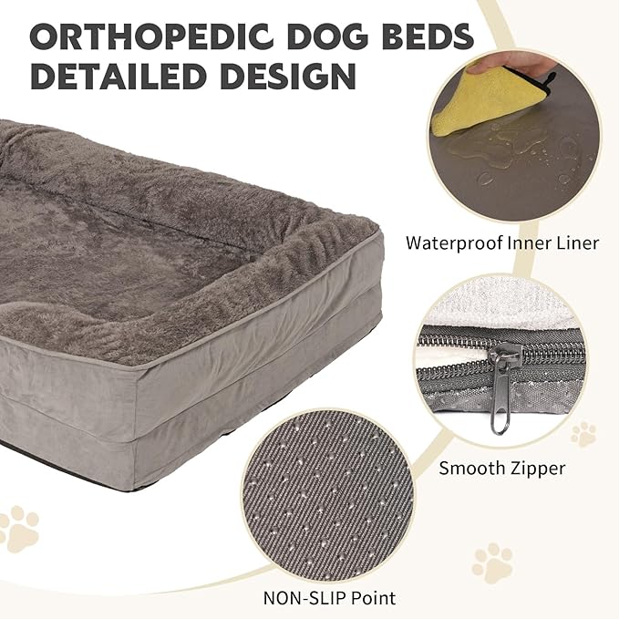 Dog Bed Waterproof Medium/Large Sized XL Foam Pet Beds Removable Washable Cover Dog Sofa Egg Crate Foam Support with Zipper Bottom Bolster Deluxe Plush Mat (34.6x26x7.5in+Grey)