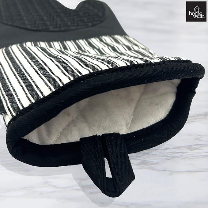 Homewear Marlow Silicone Extra Long Oven Mitt 2 Piece Set, Heat and Slip Resistant, Recycled Cotton with Soft Lining, Thick Kitchen Gloves for Cooking, Black