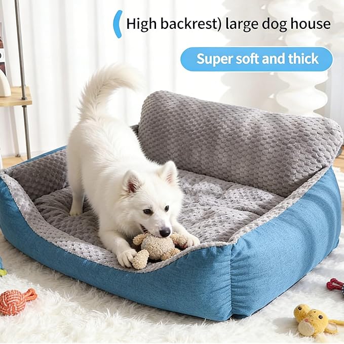 Dog Bed for Small Dogs & Cats with Soft Plush Cushion, Blue and Gray,Non-Slip Bottom, Year-Round Faux Fur Linen Calming Pet Sofa (Up to 17 lbs)