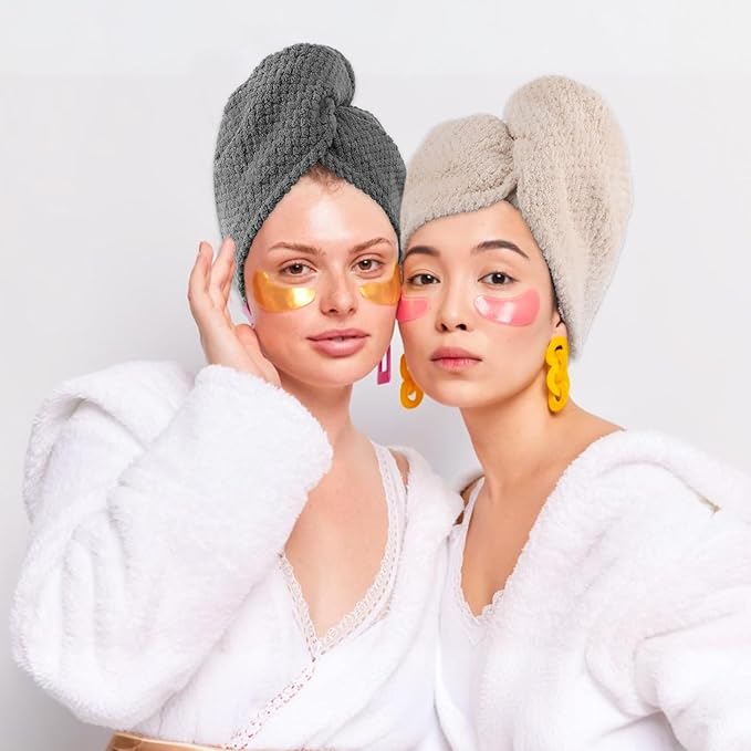 Azefnuhk 2 Pack Hair Towel Wrap for Women, Super Absorbent Quick Dry Hair Turban, Large Hair Drying Towel with Button for All Style Anti Frizz, Bathroom Must-Have for Ladies (Gray, Camel)
