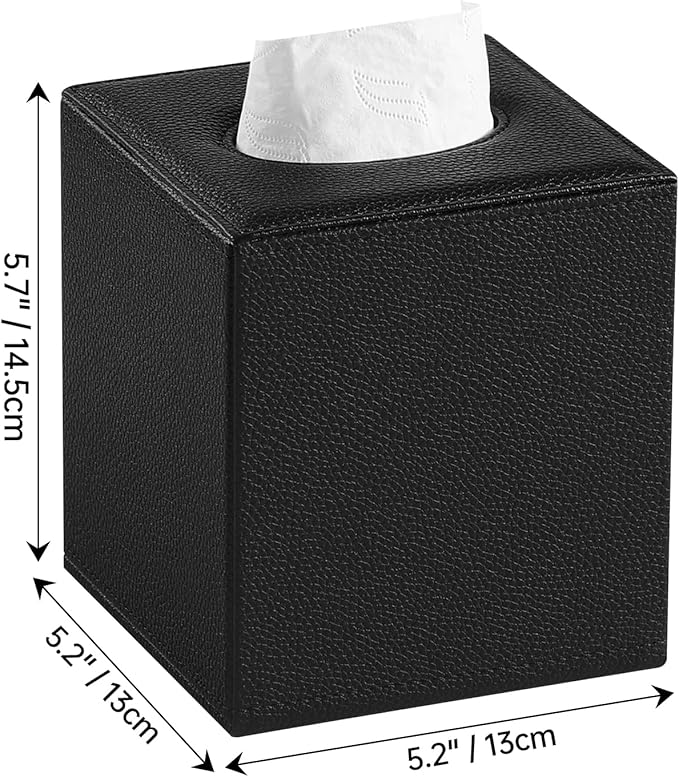 JLAMBOM PU Leather Tissue Box Cover Square Tissue Box Holder with Magnetic Closure, Decorative Tissue Holder for Bathroom Bedroom Office (Black)