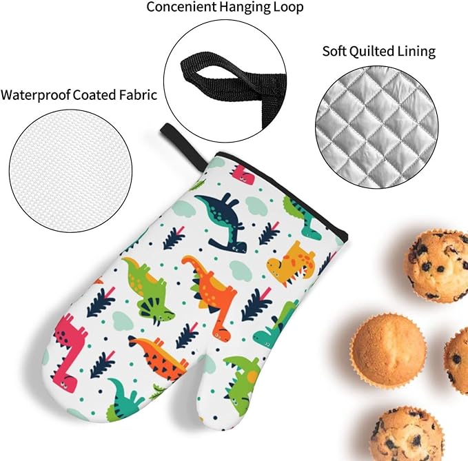 Cute Dino Kawaii Dinosaur Oven Mitts and Pot Holders Set of 4, Oven Mittens and Potholders Heat Resistant Gloves for Kitchen Cooking Baking Grilling BBQ