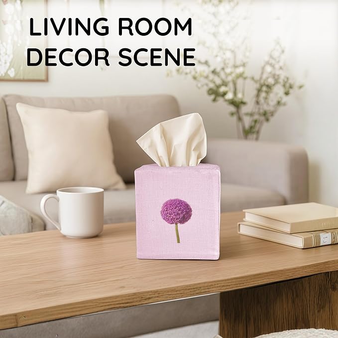 EmbroideryLinen.VN Tissue Box Cover Set of 2, Square Linen Tissue Holder, Printed Floral Design, 4.5x4.5x5.5 Inches, Decorative Holder for Bathroom, Living Room, Office (Hydrangea & Dandelion)