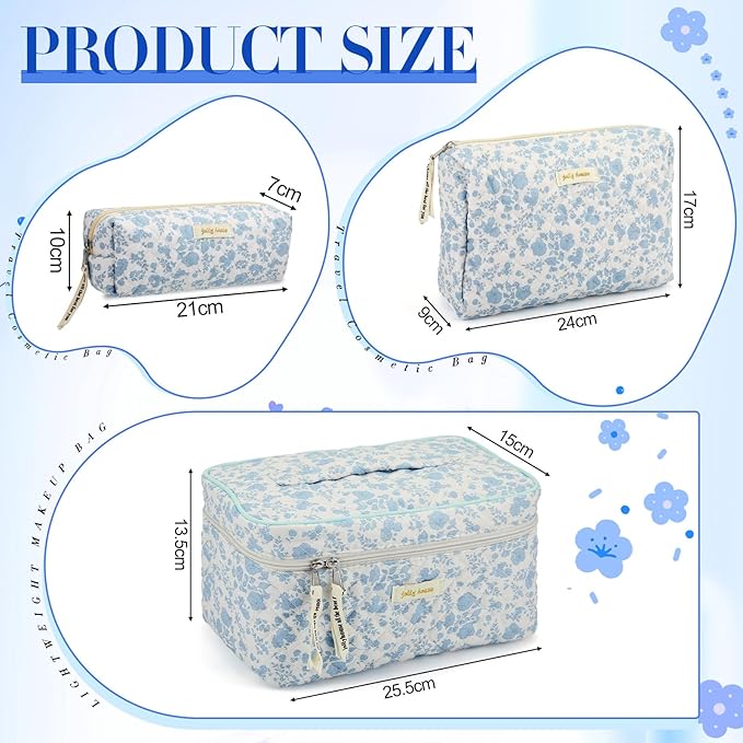Zeyune 3 Pcs Makeup Bag Quilted Cosmetic Bags Large Floral Makeup Bag Set for Women Cotton Flower Travel Toiletry Storage Cute with Zipper for Women Mom Birthday Gift Home Bathroom(Blue Flower)