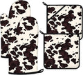 Black Cow Print Oven Mitts and Pot Holders Sets 4Pcs,Extra Long Oven Gloves Potholder for Kitchen Cooking Baking BBQ 100% Cotton Heat Resistant