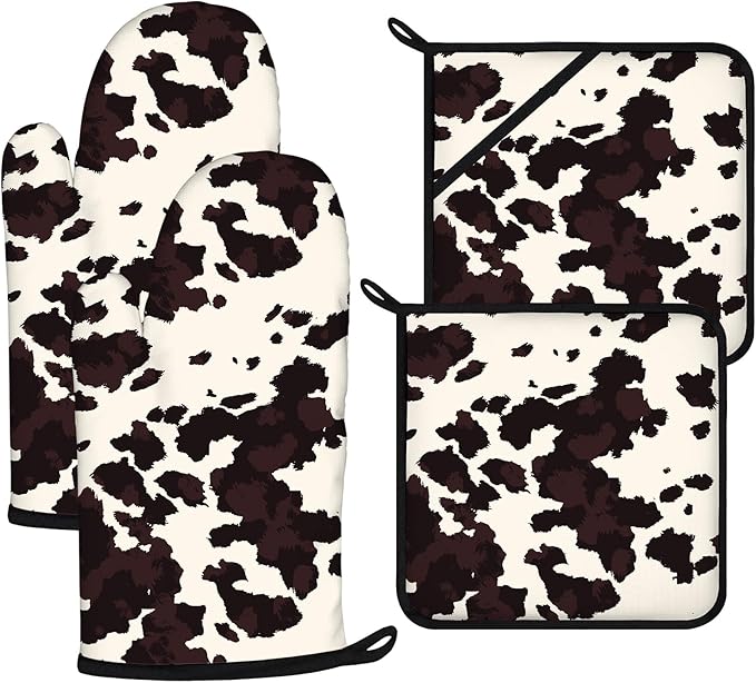 Black Cow Print Oven Mitts and Pot Holders Sets 4Pcs,Extra Long Oven Gloves Potholder for Kitchen Cooking Baking BBQ 100% Cotton Heat Resistant