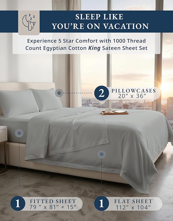 100% Egyptian Cotton Sheets King Size - 1000 Thread Count Naturally Cooling & Breathable Sateen King Size Sheets Set, Ultra-Soft & Durable Hotel Luxury Sheets with 15" Snug Fit Deep Pockets - Silver